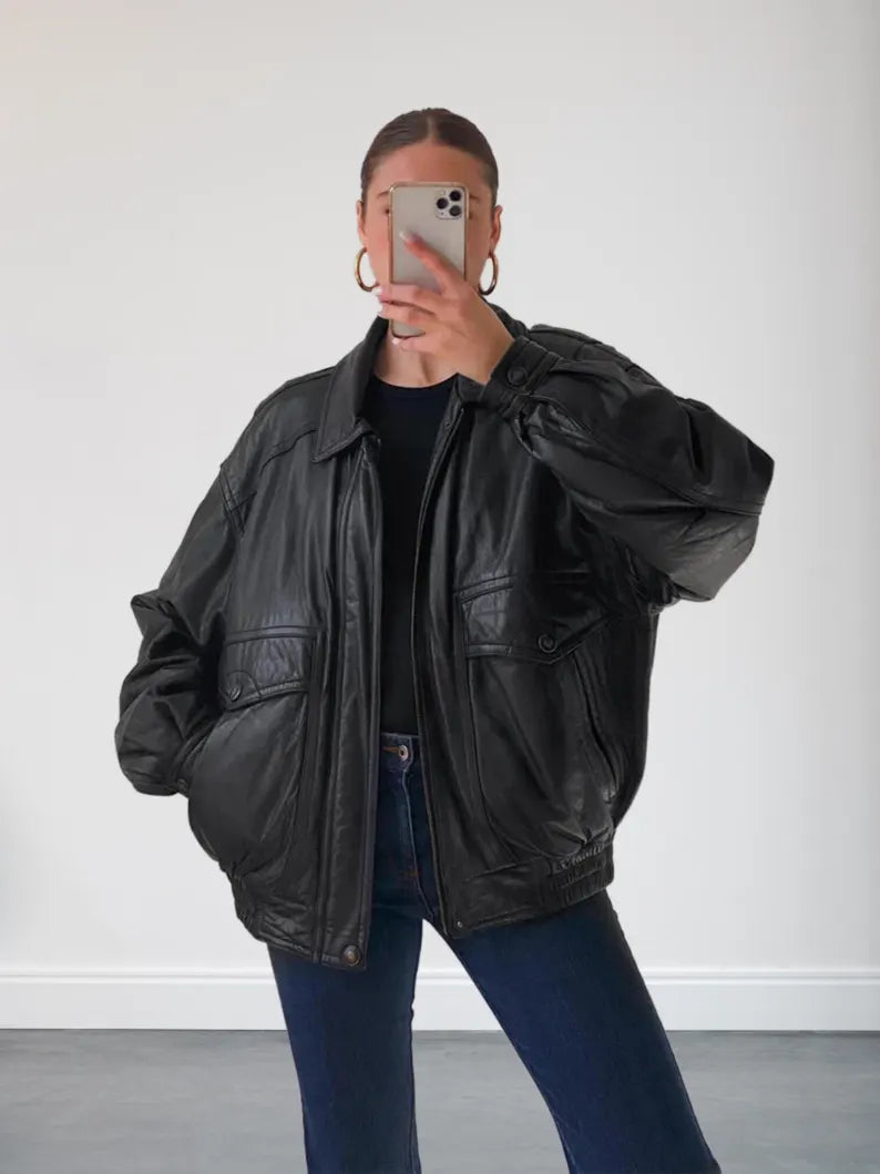 Outerwear Trends Womens 90s Oversized Black Bomber Leather Jacket