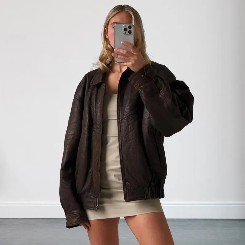 Outerwear Trends Womens 90s Oversized Brown Vintage Bomber Leather Jacket