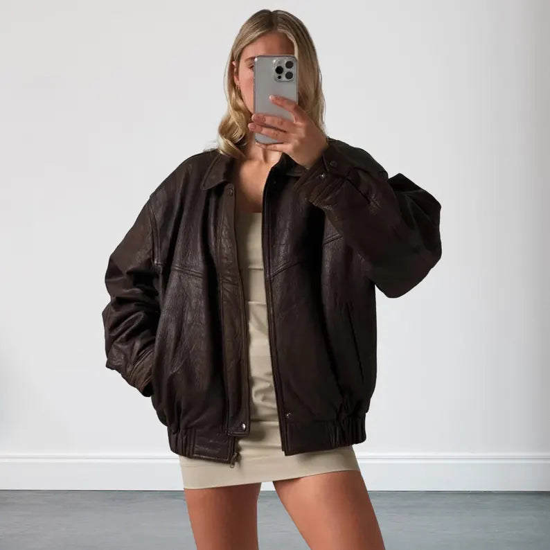 Outerwear Trends Womens 90s Oversized Brown Vintage Bomber Leather Jacket