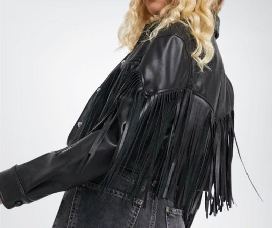 Outerwear Trends Womens Black Biker Finges Leather Jacket