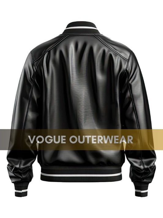 Vogue Outerwear Men’s Baseball Collar Black Genuine Leather Jacket