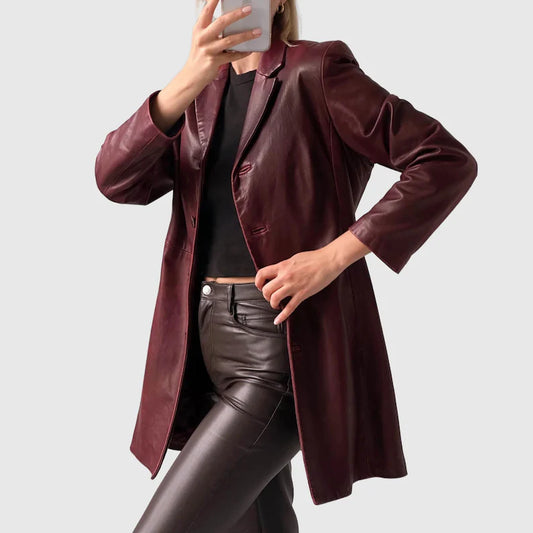 90s Vintage Women Burgundy Leather Trench Coat