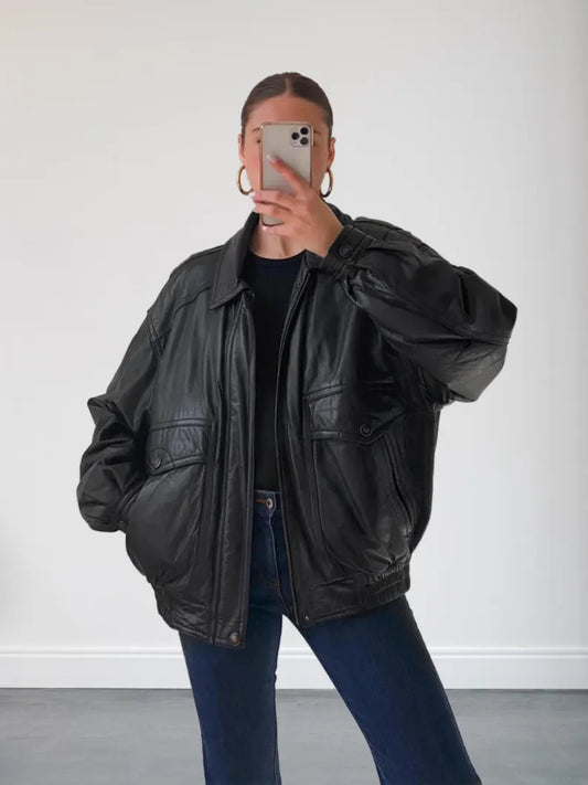 Womens 90s Oversized Black Bomber Leather Jacket