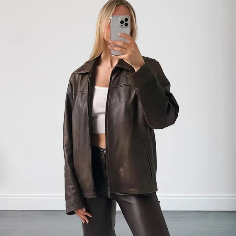 Womens 90s Vintage Oversized Straight Brown Leather Jacket