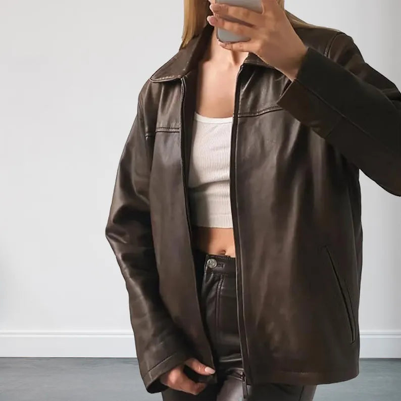 Womens 90s Vintage Oversized Straight Brown Leather Jacket