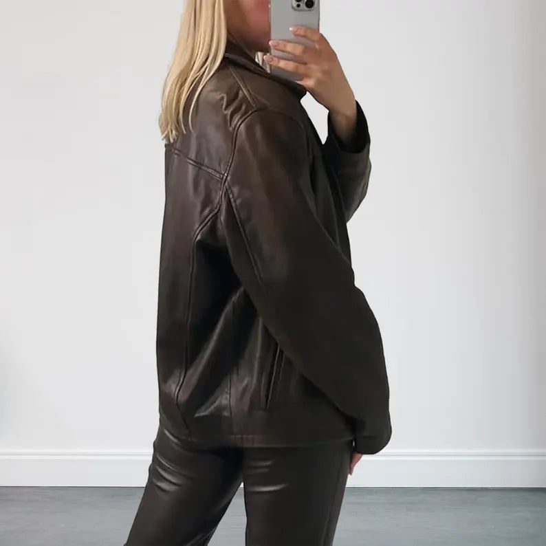 Womens 90s Vintage Oversized Straight Brown Leather Jacket