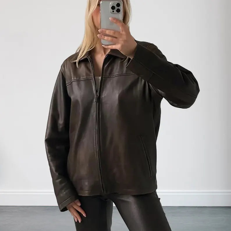 Womens 90s Vintage Oversized Straight Brown Leather Jacket