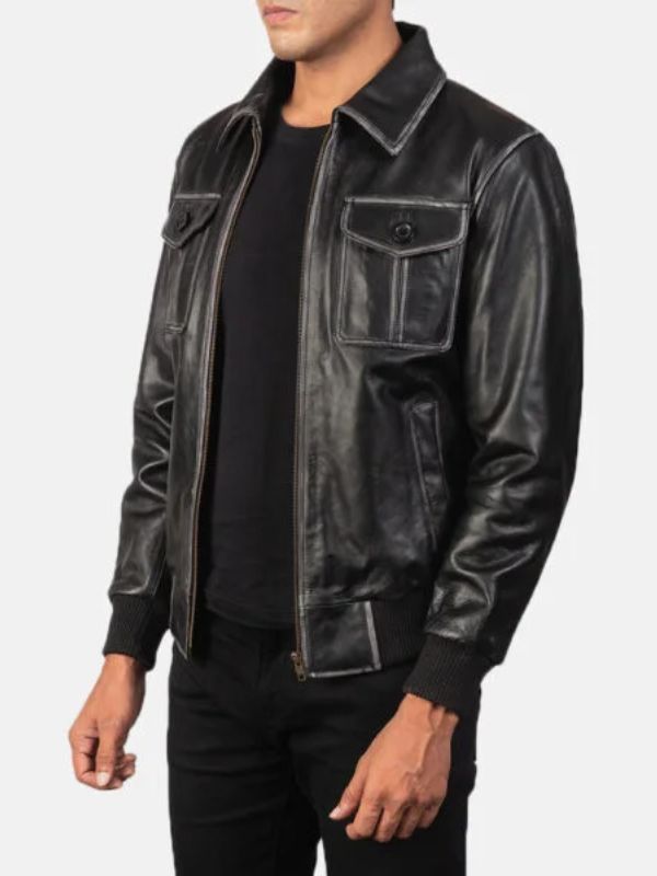 Aaron Black Leather Bomber Jacket