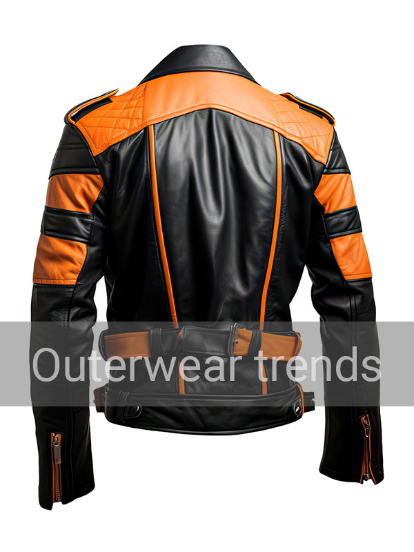 Black and Orange Rider Quilted Leather Jacket Mens