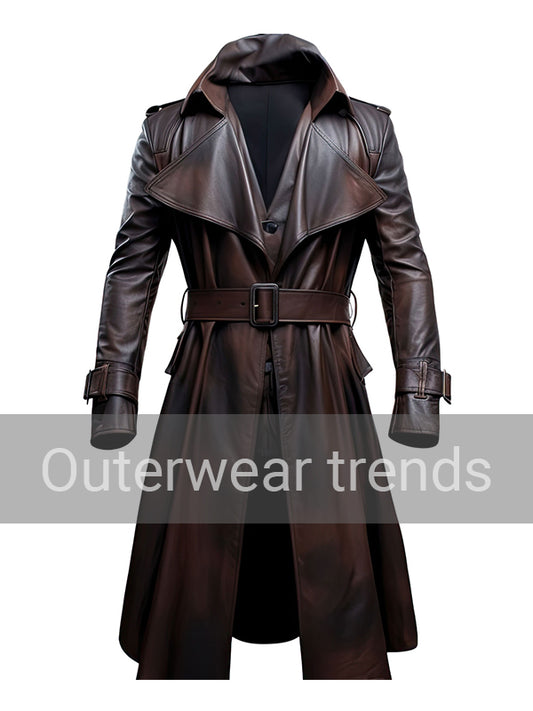 Dark Brown Lapel Collar Leather Trench Coat