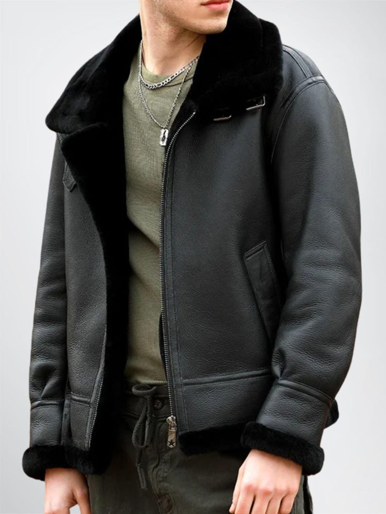 Mens Black Aviator Genuine Leather Shearling Jacket