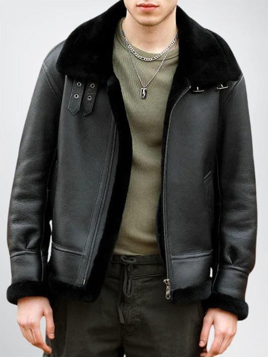 Mens Black Aviator Genuine Leather Shearling Jacket