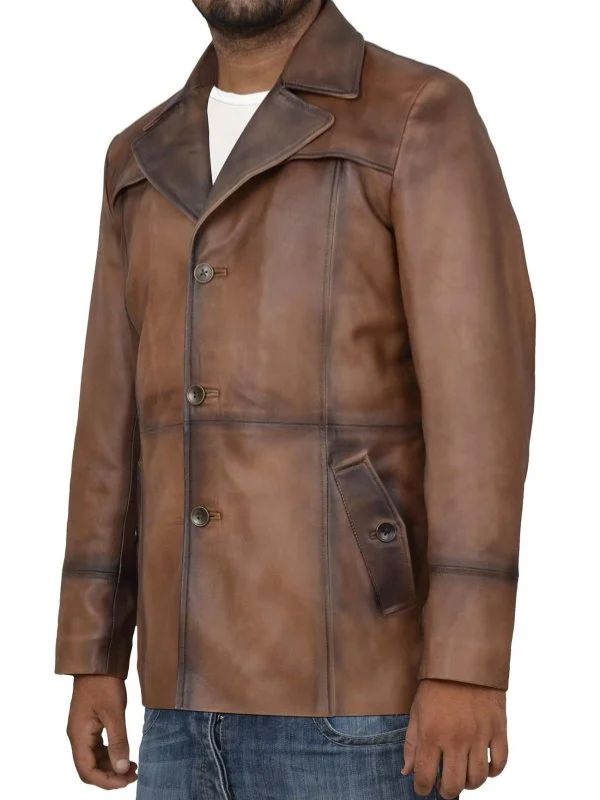 Men's 3/4 Length Brown Waxed Leather Coat