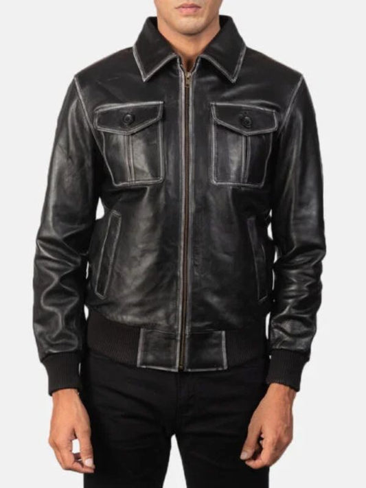 Men's Aaron Black Leather Bomber Jacket
