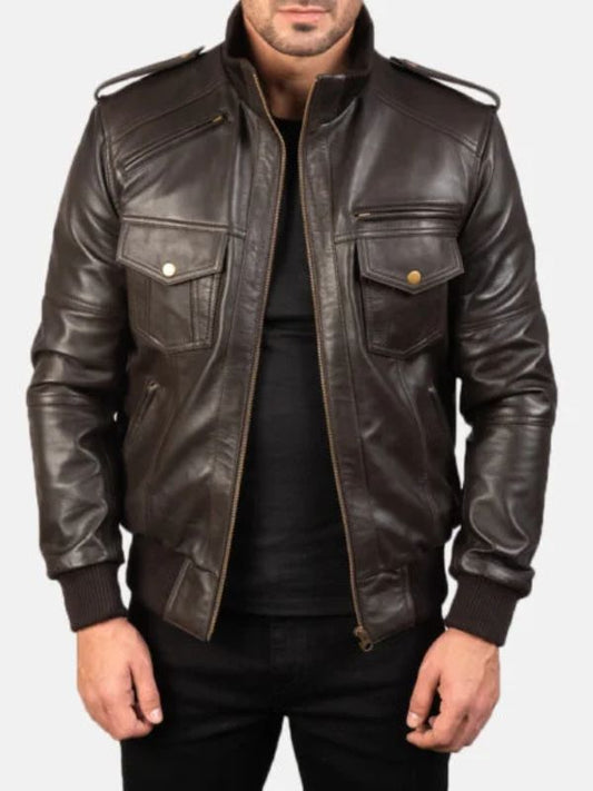 Men's Agent Shadow Brown Leather Bomber Jacket