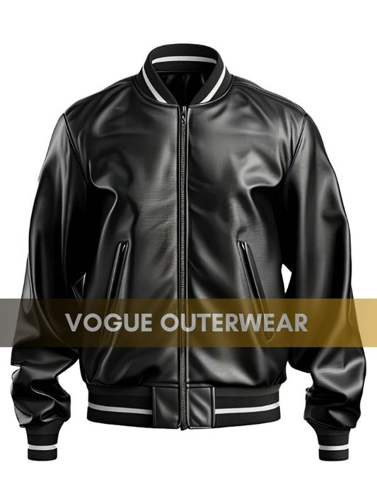 Men’s Baseball Collar Black Genuine Leather Jacket
