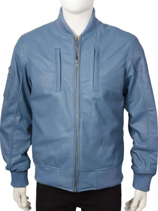 Men's Blue Leather Bomber Jacket