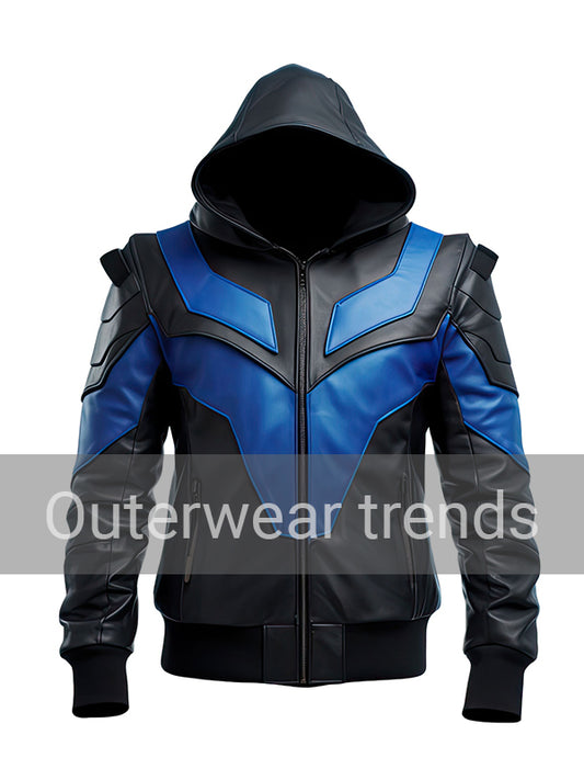 Men's Blue and Black Punk Hooded Bomber Leather Jacket