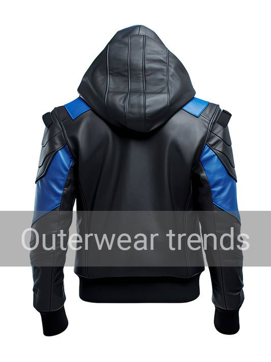 Men's Blue and Black Punk Hooded Leather Jacket