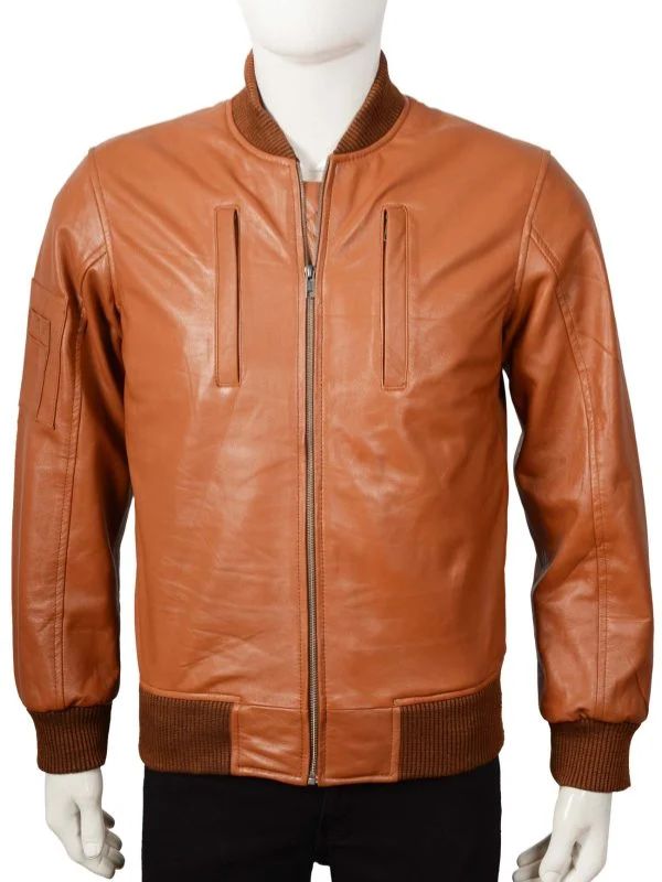 Men's Camel Brown Real Leather Bomber Jacket
