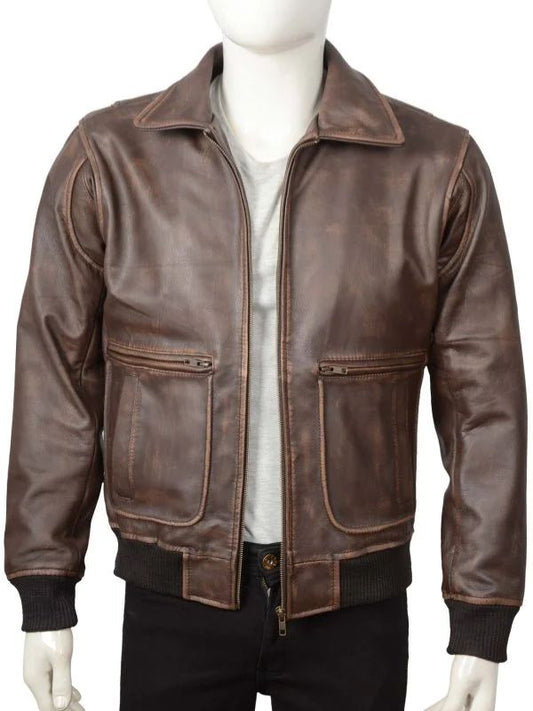 Men's Distressed Brown Leather Bomber Jacket