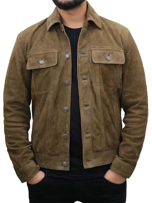 Men's Premium Olive Green Suede Trucker Jacket
