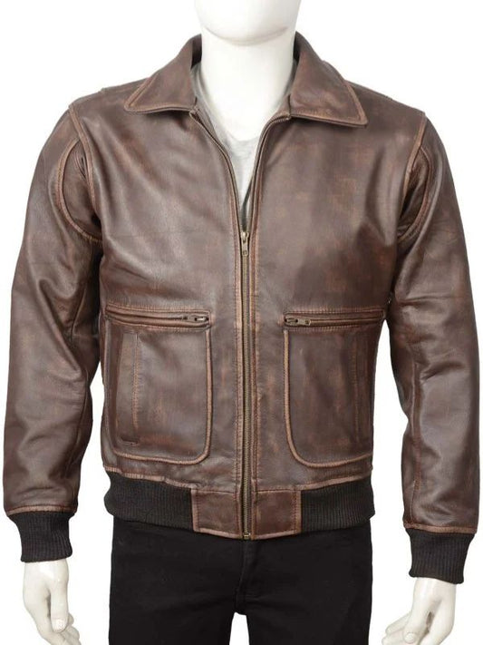 Mens Dark Brown Vintage Bomber Leather Jacket