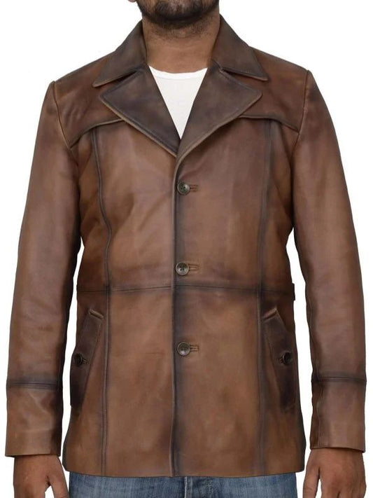 Mens Genuine Leather Coat Brown Waxed