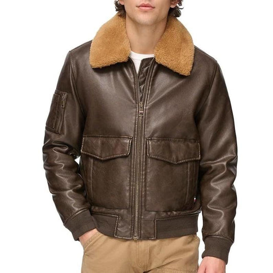Mens Brown Fur Collar Aviator Leather Bomber Jacket