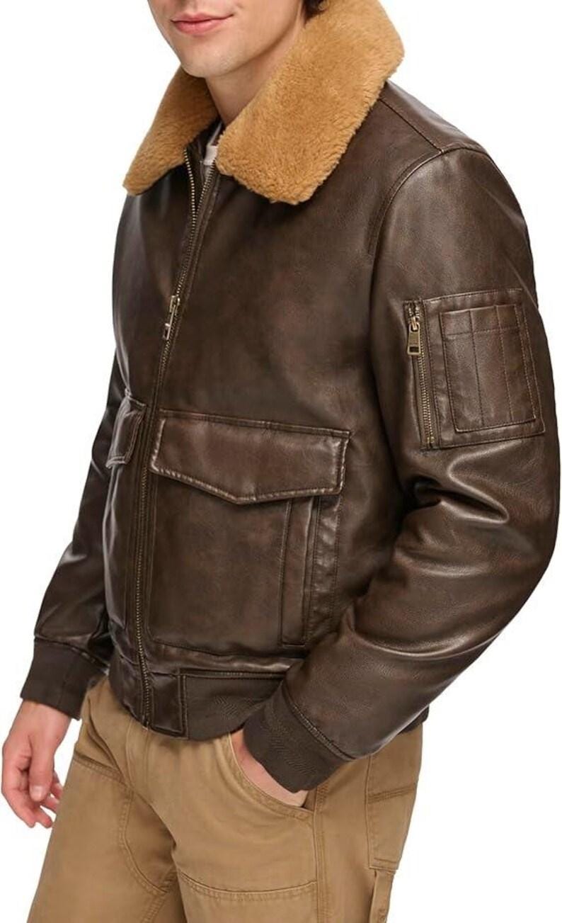 Mens Brown Fur Collar Aviator Leather Bomber Jacket