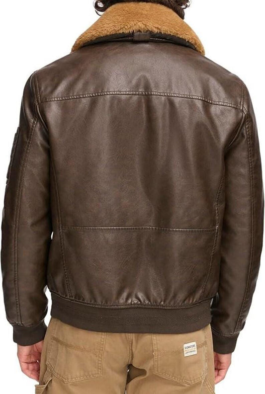Mens Brown Fur Collar Aviator Leather Bomber Jacket