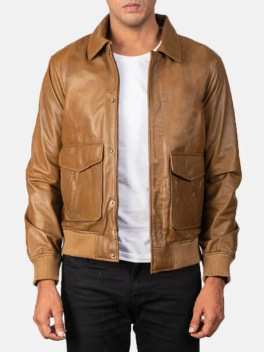 Olive Brown Leather Bomber Jacket