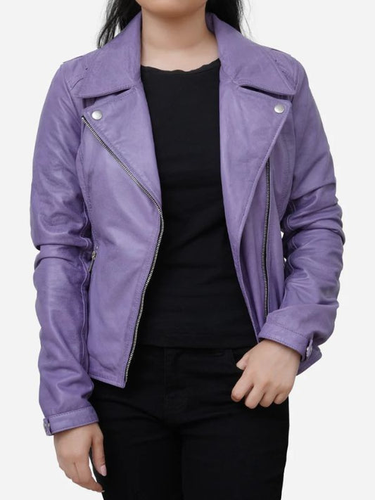 Rachel Womens Purple Biker Style Leather Jacket