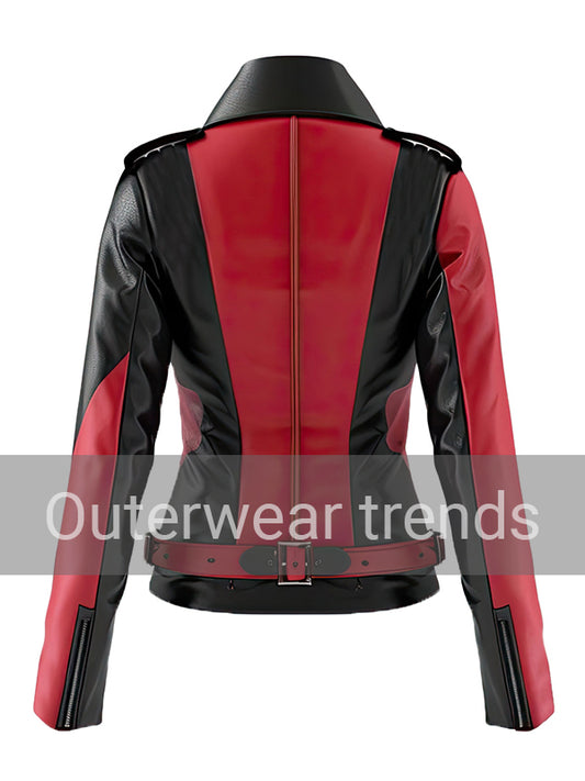 Red and Black Classic Biker Leather Jacket Women's