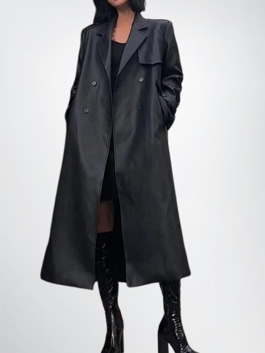 Stylish Black Leather Trench Coat for Women