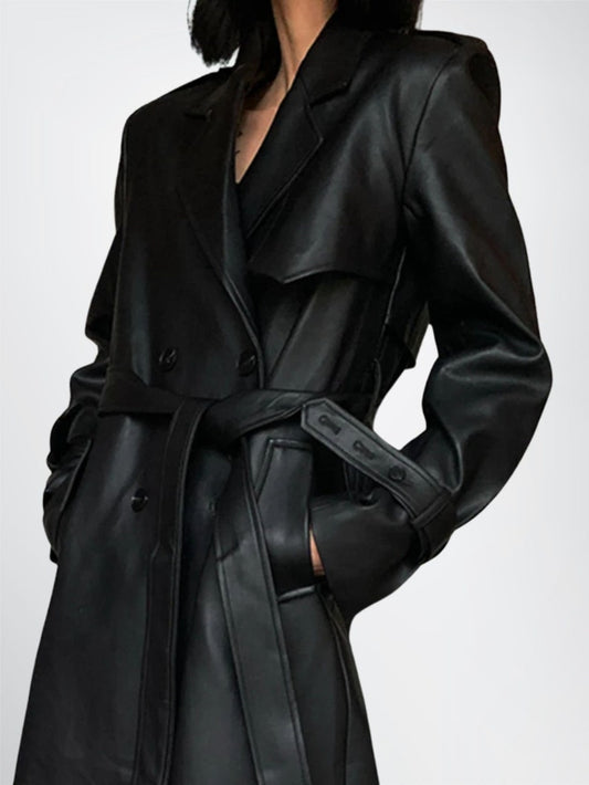 Stylish Black Leather Trench Coat for Women