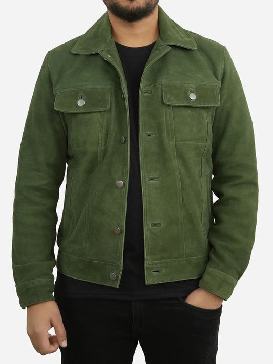 Suede Green Trucker Leather Jacket