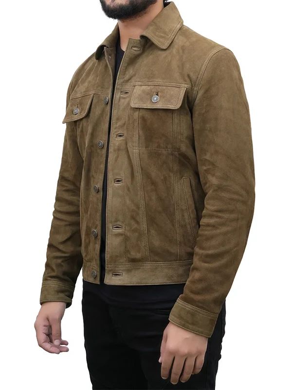 Suede Trucker Jacket Olive Green