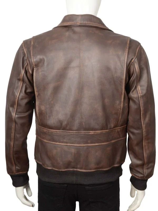 Dark Brown Vintage Bomber Leather Jacket With Rib Knit For Men