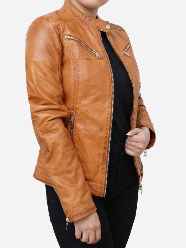 Maria Casual Distressed Brown Leather Biker Jacket