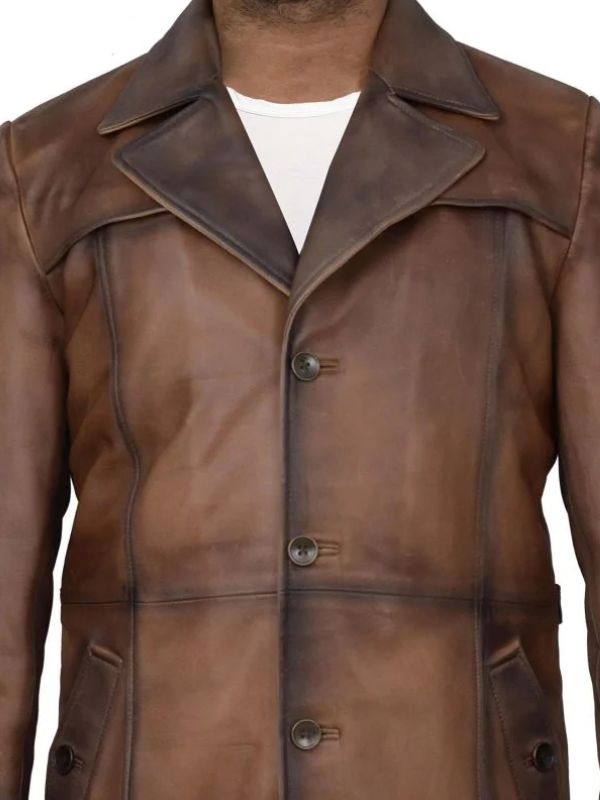 Brown Waxed Leather Blazer Coat For Men