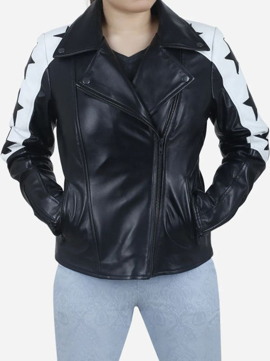 Maura Women's Black Motorcycle Leather Jacket with Star Patches