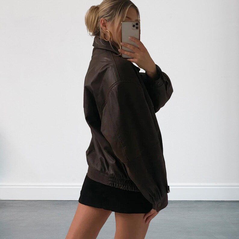 90s Women Brown Bomber Oversized Leather Jacket