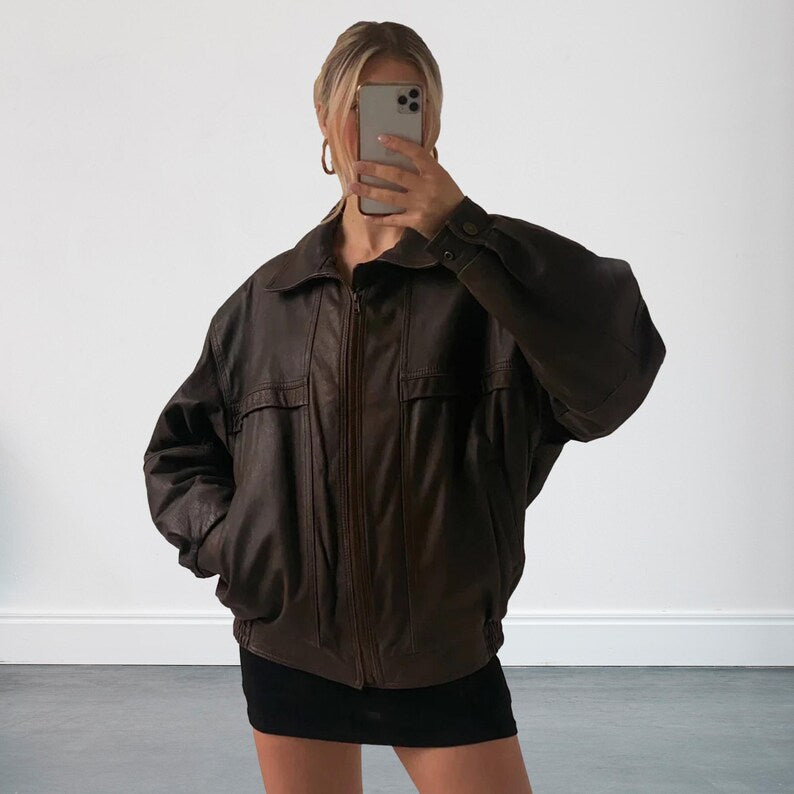 90s Women Brown Bomber Oversized Leather Jacket