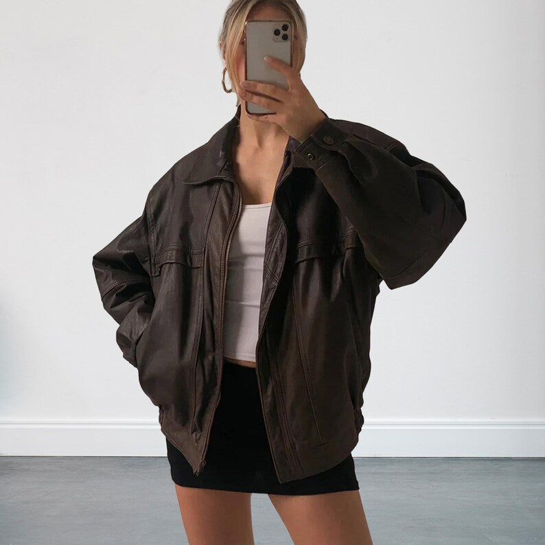 90s Women Brown Bomber Oversized Leather Jacket