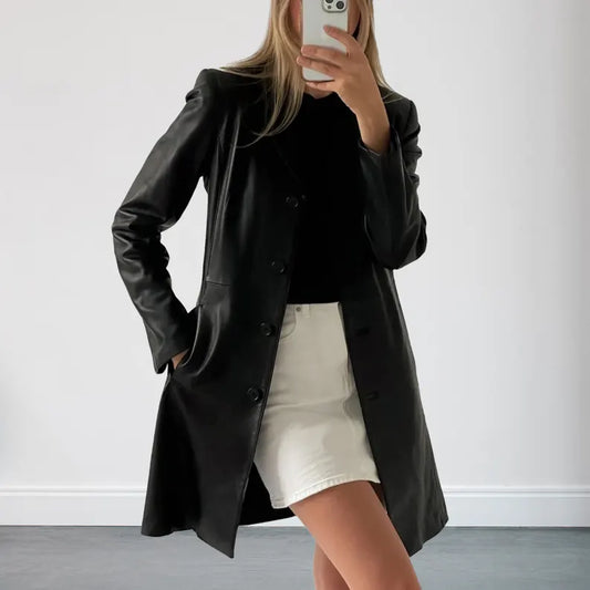 90s Vintage Women Black Leather Trench Coat