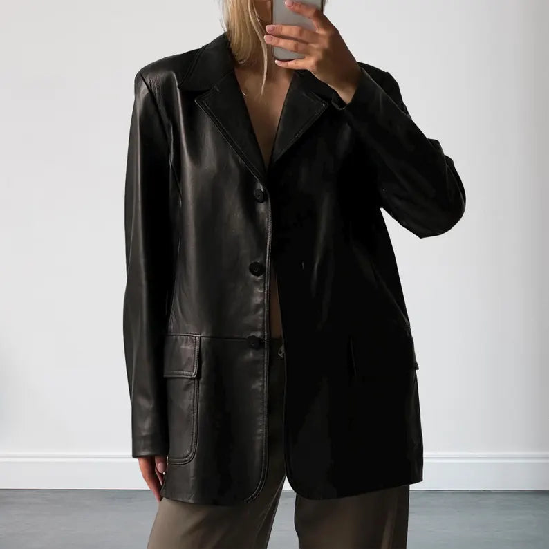 Women Vintage 90s Oversized Black Blazer Leather Coat