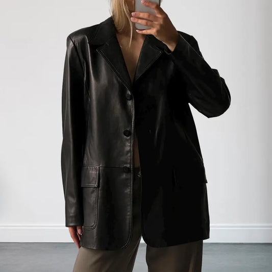 Women Vintage 90s Oversized Black Blazer Leather Coat