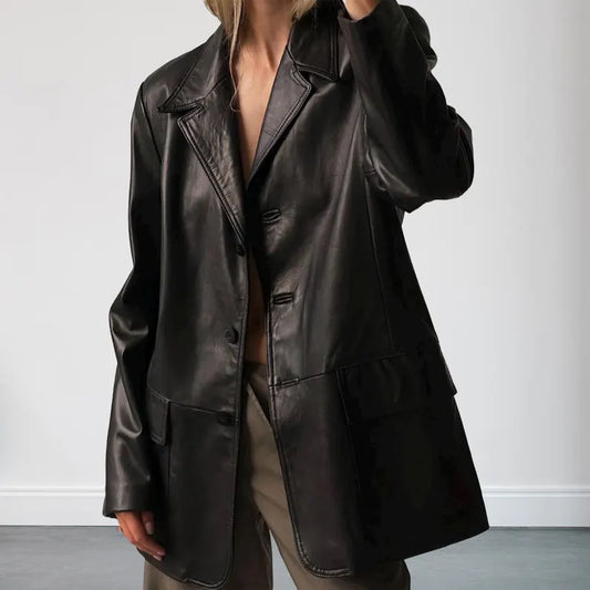 Women Vintage 90s Oversized Black Blazer Leather Coat