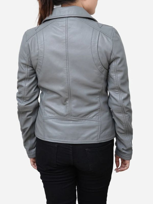 Women's Grey Genuine Sheepskin Moto Leather Jacket